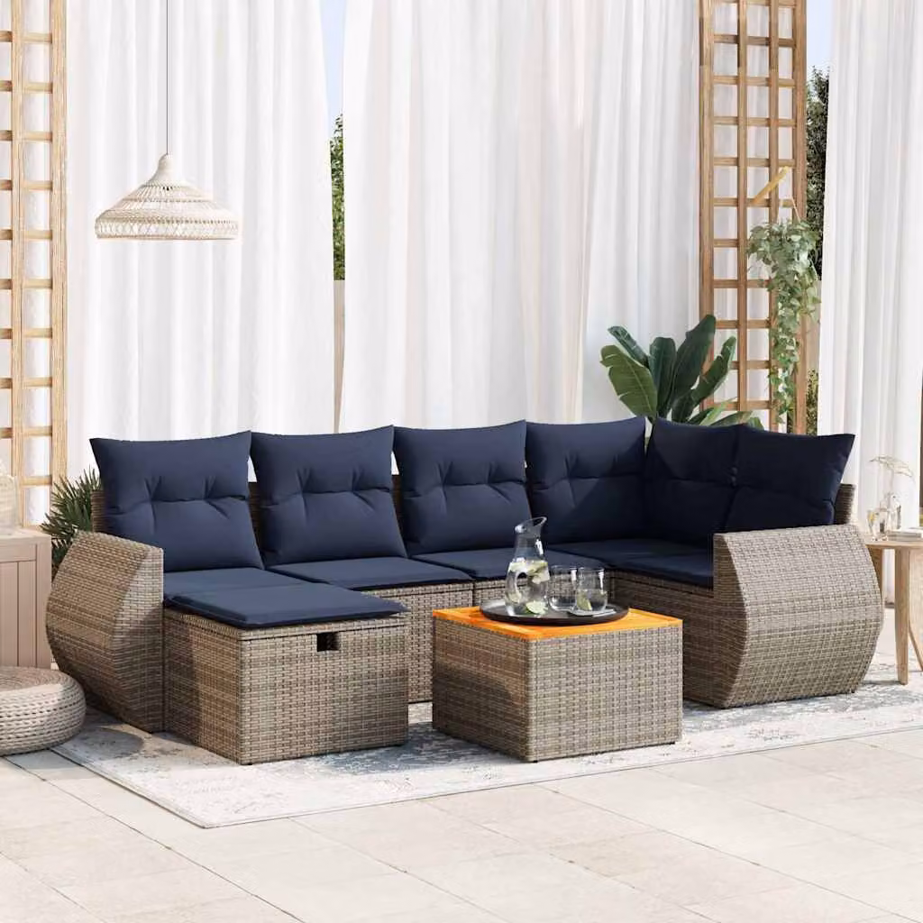 Set di divani da giardino vidaXL in polyrattan con cuscini grigi e struttura in legno di acacia oliato, 7 pezzi
