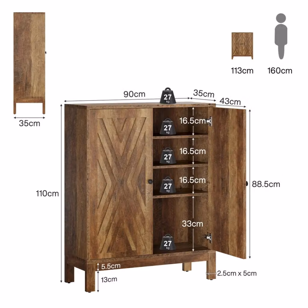 Scarpiera Industrial REDOM in MDF e Metallo con Ante a Battente, Marrone e Nero – 2