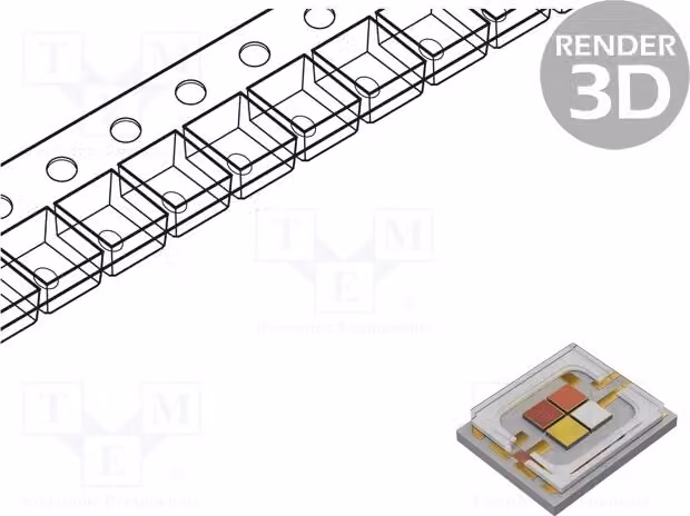 1 LED RGB a 15W, quattro colori, 700mA, angolo di emissione 120°, dimensioni 4,68x5,75x1,2mm, modello PBED-15F4E-A, prodotto da LED-Lei