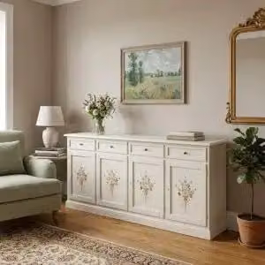 Credenza madia buffet in legno Shabby chic 4 ante mod Martini bianca decorata