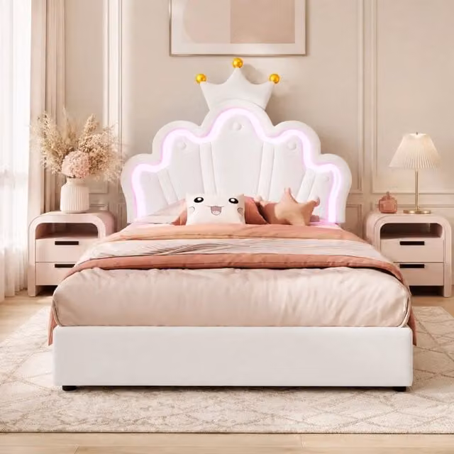 Letto imbottito singolo 90x200 cm con 2 cassetti e LED a 16 colori; PU bianco