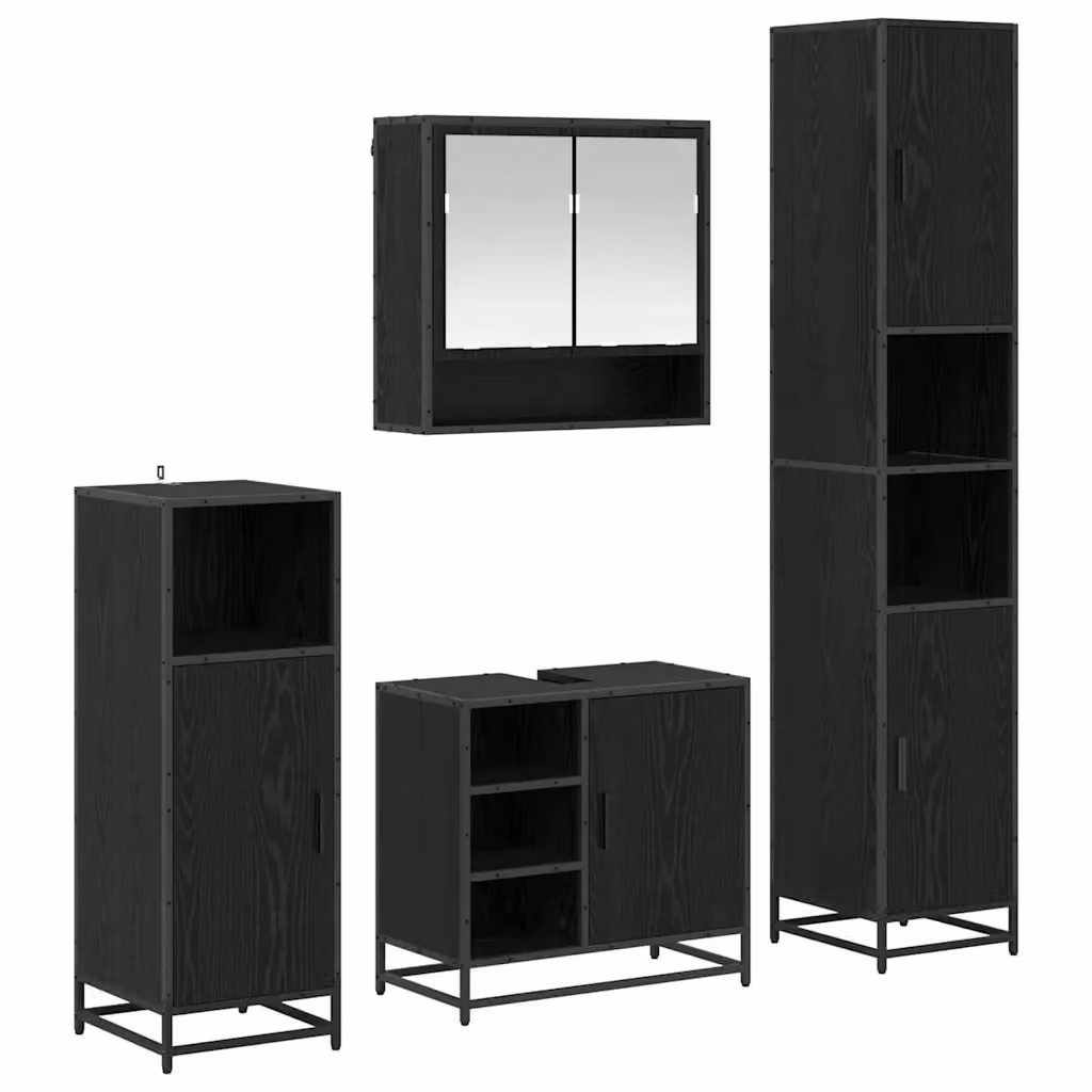 Set di mobili per il bagno moderno vidaXL in legno e metallo nero con specchio, mobile lavabo, mobile alto e mobile laterale – 2