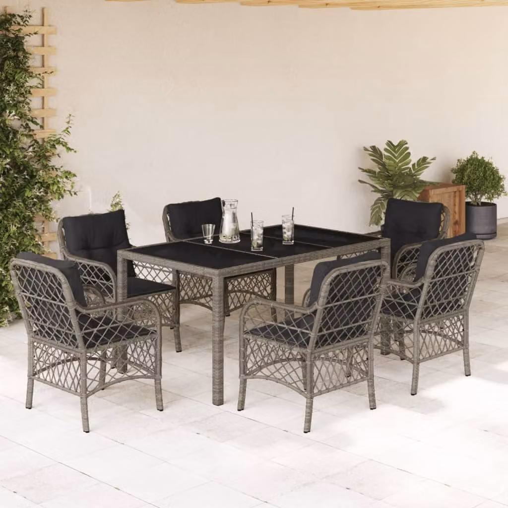 vidaXL Set da Pranzo da Giardino 7 pz in Polyrattan Grigio con Piano in Vetro – 1