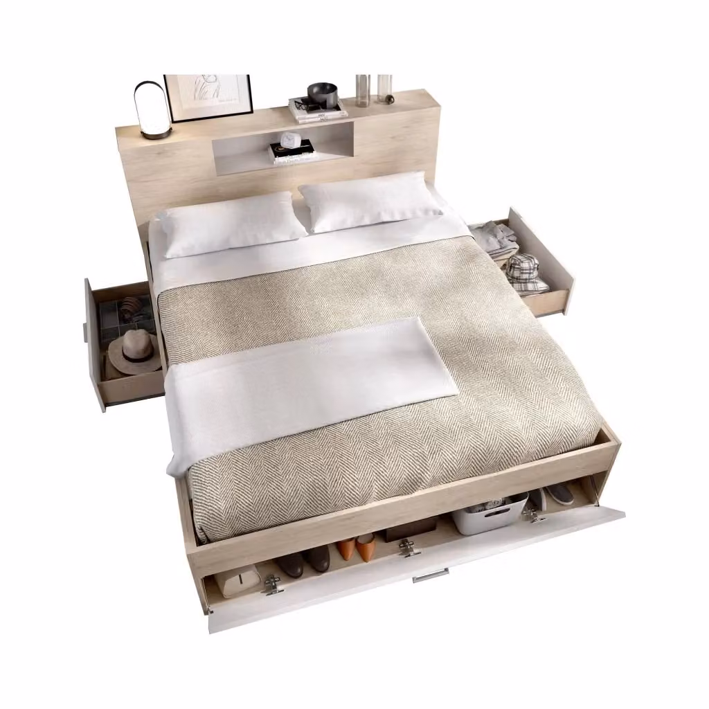 Letto alla francese Conching DMORA con cassetti, struttura porta materasso Bianco e Rovere, L/P/H: 150 x 219 x 95 cm – 2