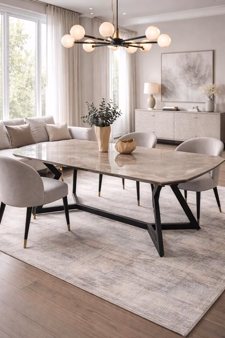 Tavolo da pranzo moderno, minimalista, grigio, elegante, di classe, confortevole