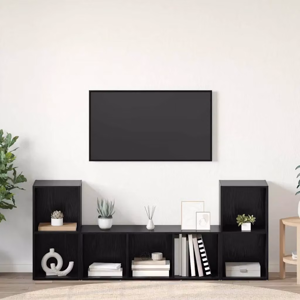 Set mobile TV moderno a parete da 3 pezzi Design In, armadietto porta TV in legno multistrato nero opaco, L: 107 cm, P: 35 cm, H: 37 cm – 2