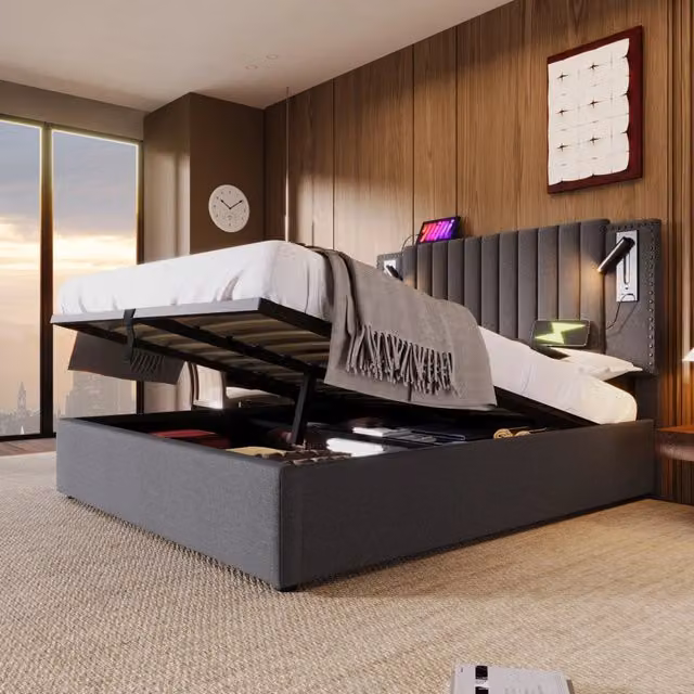 Letto contenitore Mivray grigio con testiera regolabile, luce da lettura e porte USB/Type-C, L/P/H: 140 x 200 x 109 cm