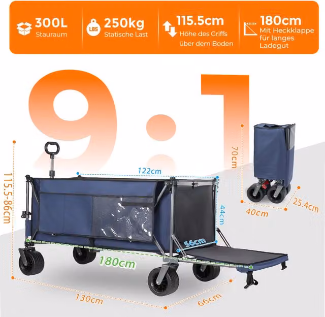 Carrello pieghevole 180 cm blu in acciaio con sponda estensibile