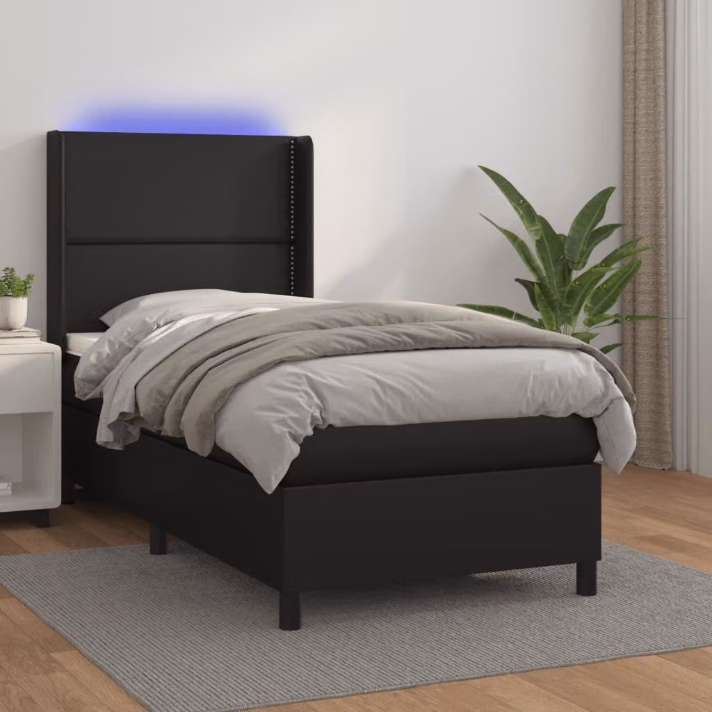 vidaXL Letto a Molle con Materasso e Illuminazione LED Nero in Similpelle, L 90 x P 200 cm – 1