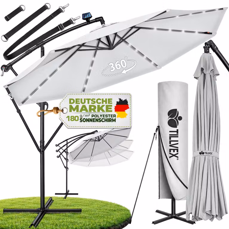 tillvex ombrellone a sbalzo in alluminio grigio LED solare Ø 300 cm con manovella | ombrellone con interruttore on/off | ombrellone da giardino protezione UV alluminio | ombrellone a manovella con supporto ombrellone da mercato impermeabile