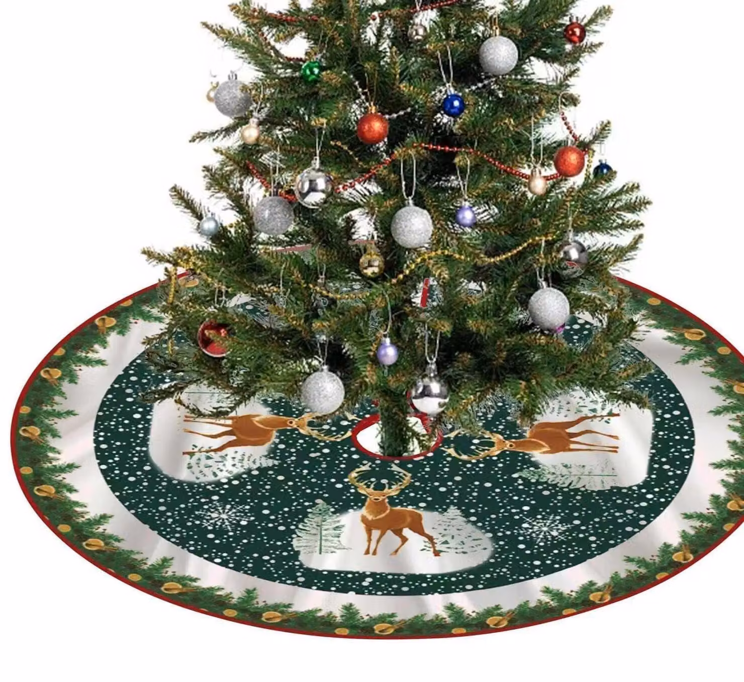 Decorazione per albero di Natale, forma circolare, verde, diametro 90 cm, con motivo di alci e fiocchi di neve