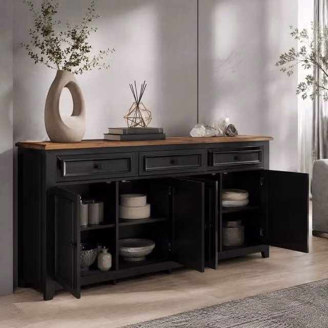 Credenza contenitore 160 x 35 x 76 cm nera effetto legno, 3 cassetti 4 ante