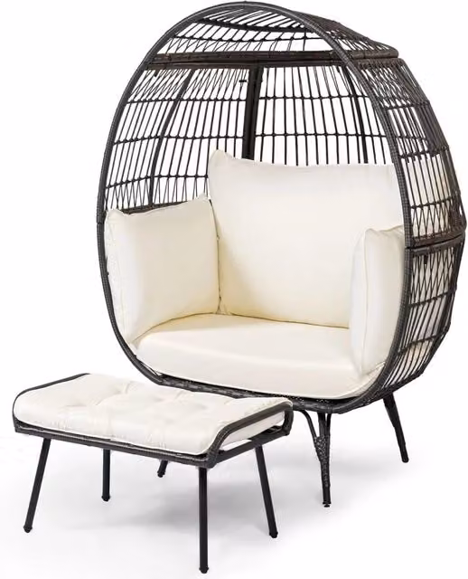 Sedia a Uovo con Poggiapiedi, Poltrona in Rattan con Struttura in Metallo e Cuscini Morbino, Portata 205 kg, Poltrona Relax per Soggiorno, Giardino, Patio e Terrazzo