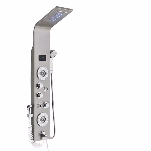 Pannello doccia, display LED, soffione a pioggia e a cascata, nichel 8006
