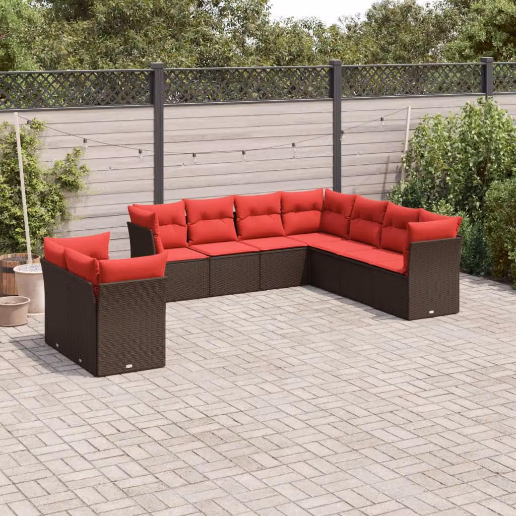 Set di divani da giardino vidaXL a forma di U composto da 9 pezzi con cuscini marroni e rossi in rattan e metallo