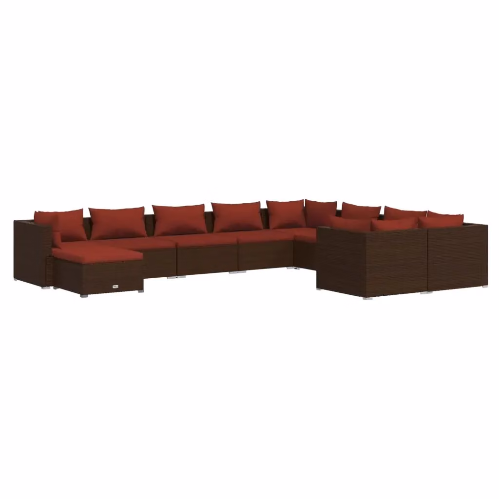 vidaXL Set Divani da Giardino 10 Pezzi in Polyrattan Marrone con Cuscini e Struttura in Acciaio – 2