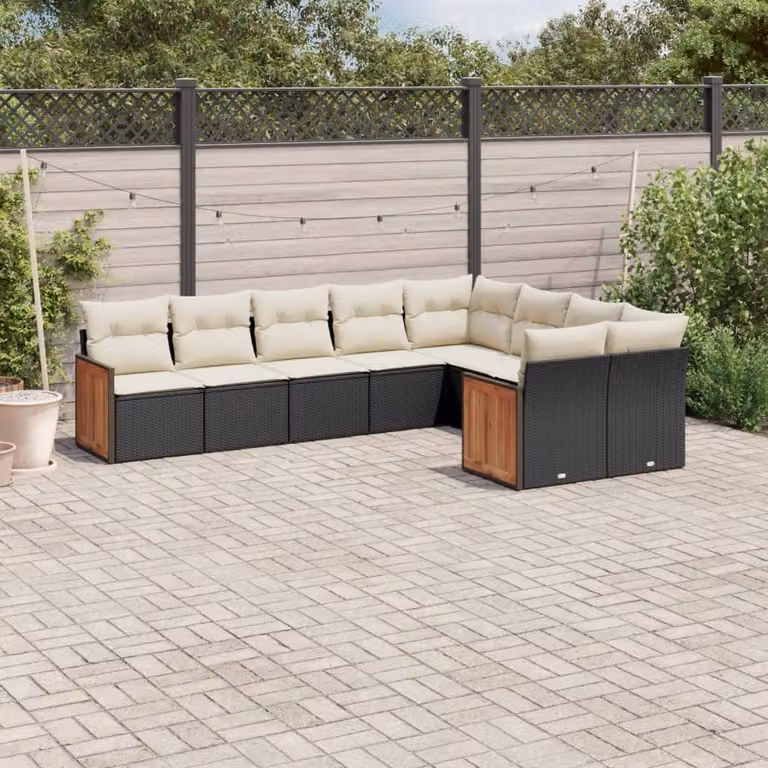 Set di divani da giardino vidaXL a forma di L composto da 9 pezzi con cuscini, colore nero e bianco, in rattan con struttura in acciaio verniciato a polvere