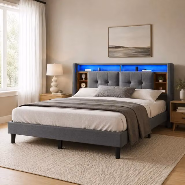 Letto imbottito Mivray in lino grigio con testiera contenitore, illuminazione LED, porte USB e prese elettriche, L/P: 160 x 200 cm