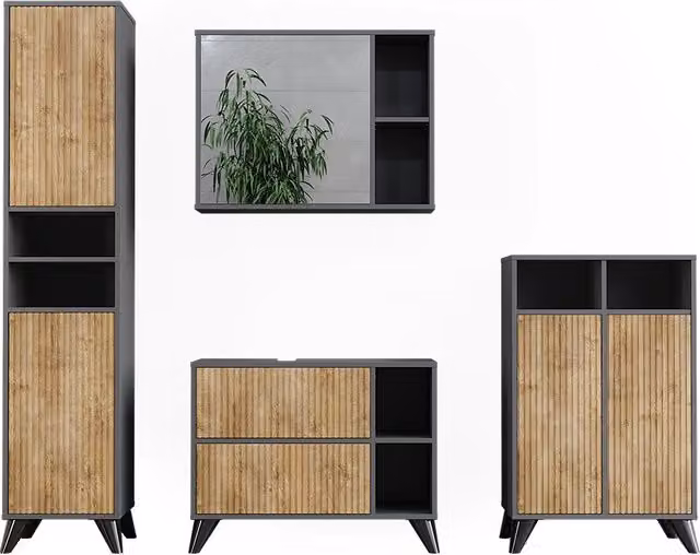 Set di mobili da bagno Leano Antracite/Rovere dorato 4 pezzi Vicco