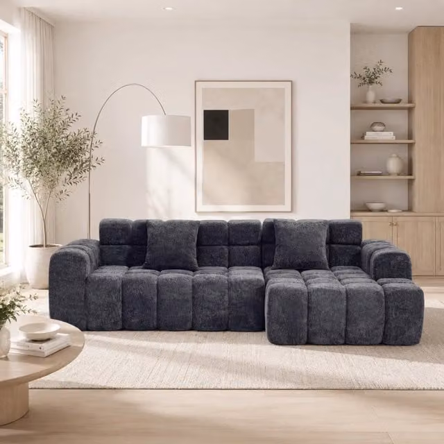 Divano a L con braccioli, divano componibile a 3 posti dal design cubico, divano angolare per soggiorno e camera da letto, grigio scuro
