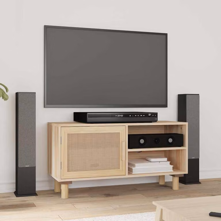 Mobile TV vidaXL in legno di pino massello e rattan naturale, colore marrone, L 80 cm x P 30 cm x H 40 cm