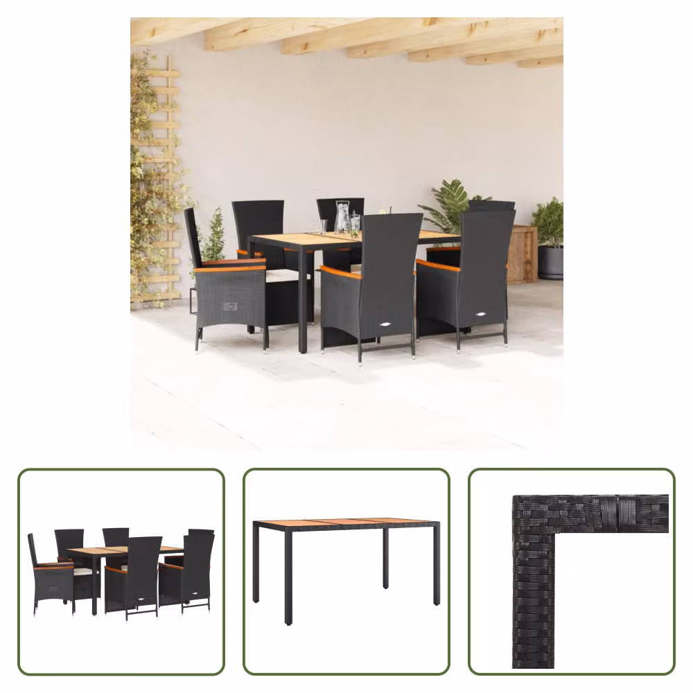 The Living Store Set da pranzo da giardino 7 pezzi con cuscini in polirattan nero