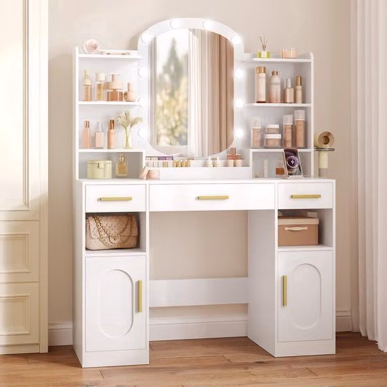 Comodino con specchio ovale - 3 cassetti, 2 vani chiusi, 8 ripiani aperti - Legno - Arredamento per camera da letto - Bianco
