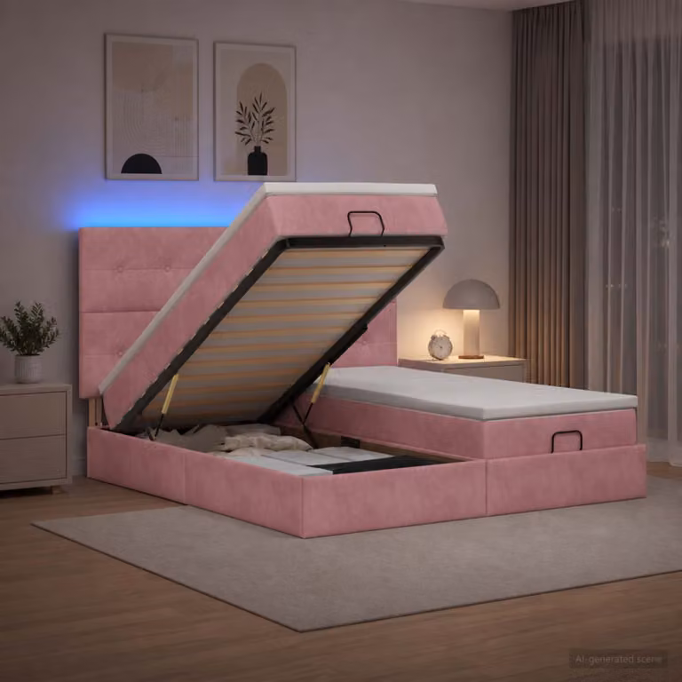 Letto Ottomano con Materasso vidaXL in Velluto Rosa con Illuminazione LED e Porte USB L/P: 160 x 200 cm