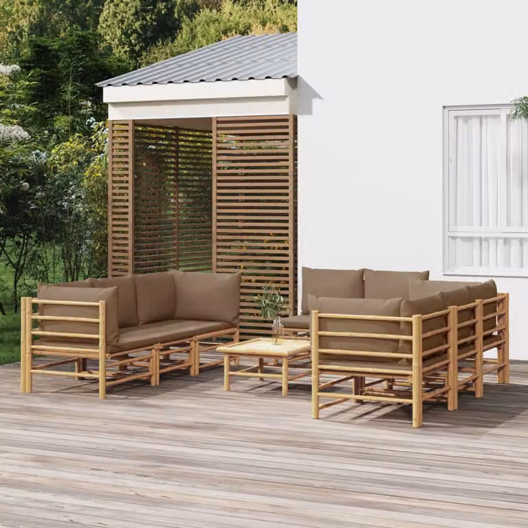 Set Salotto da Giardino vidaXL 9 Pezzi in Bambù con Cuscini Beige e Marrone
