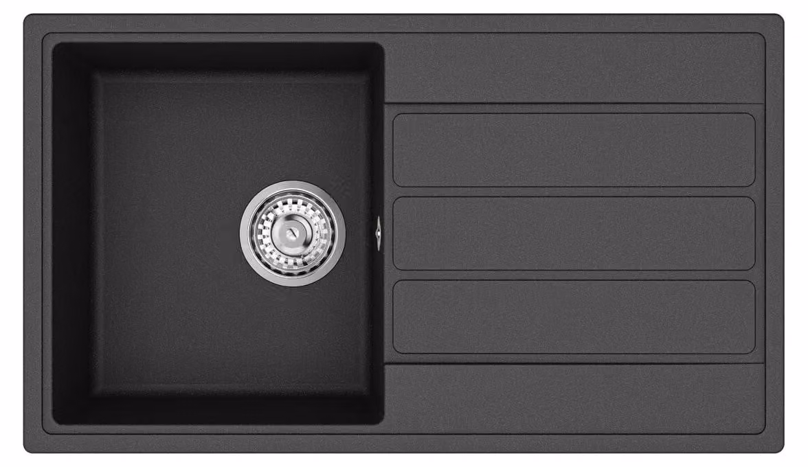Lavello da cucina in granito SAT, modello monovasca con piano di appoggio, dimensioni 76x44 cm, colore nero
