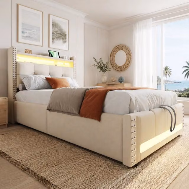 Letto singolo imbottito ULEVR 90x200 cm con contenitore idraulico, LED e presa USB, rivestimento in lino beige