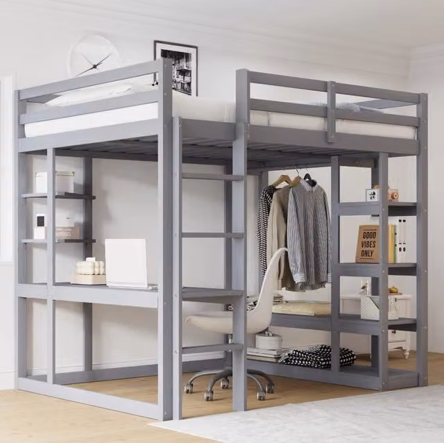 Letto a soppalco Beaok in legno grigio con scrivania, armadio e ripiani L/P: 200 x 140 cm, H: 205 cm