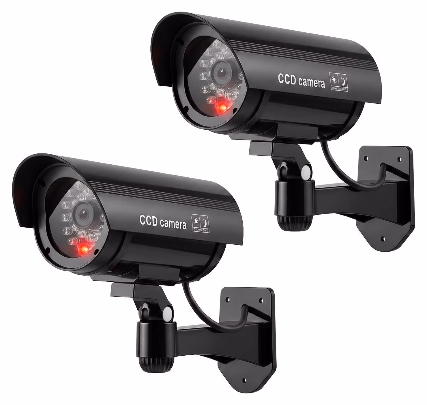 2 telecamere di sicurezza finte per esterni, telecamere CCTV simulate con luce LED rossa lampeggiante