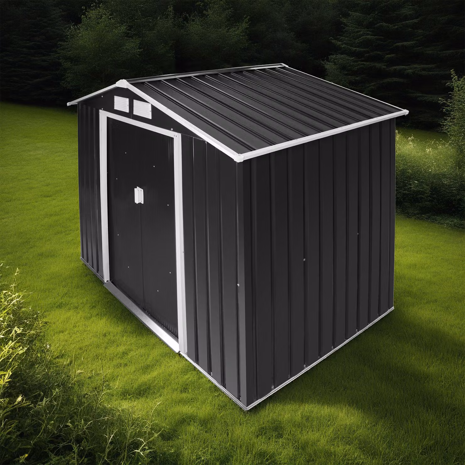 Casetta da giardino moderna TecTake GmbH con tetto a doppia falda e porte scorrevoli, grigio/bianco, L: 214 cm, P: 185 cm, H: 130 cm – 3