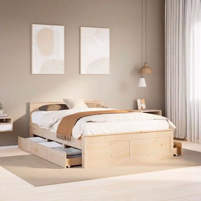 Letto Design Mania in legno massello di pino con testata e giroletto, stile rustico, colore marrone, L/P/H: 190 x 140 x 75 cm