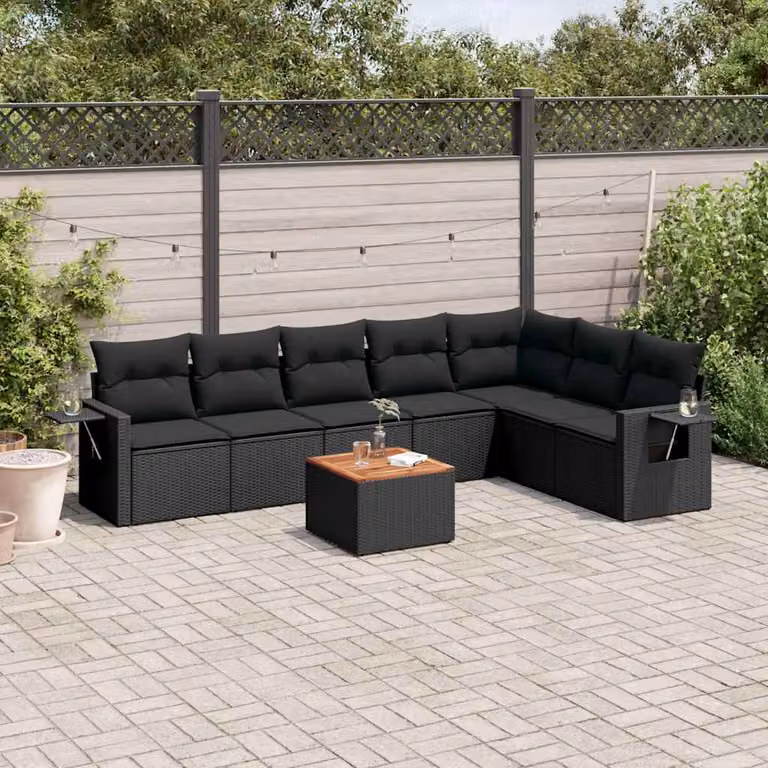 vidaXL Set Divani da Giardino a L in Polyrattan Nero con 8 Cuscini e Tavolino da Esterno