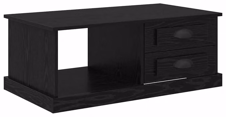 Tavolino da salotto nero in legno con finitura effetto noce, dimensioni 90x50x35 cm