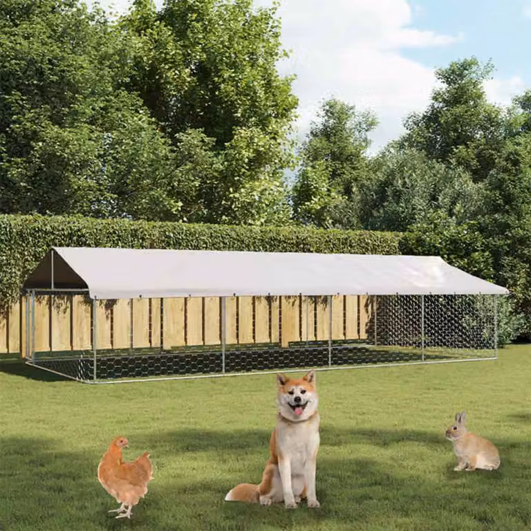 Gabbia per cani da esterno con tetto vidaXL in metallo grigio argento L: 600 cm, P: 300 cm, H: 150 cm