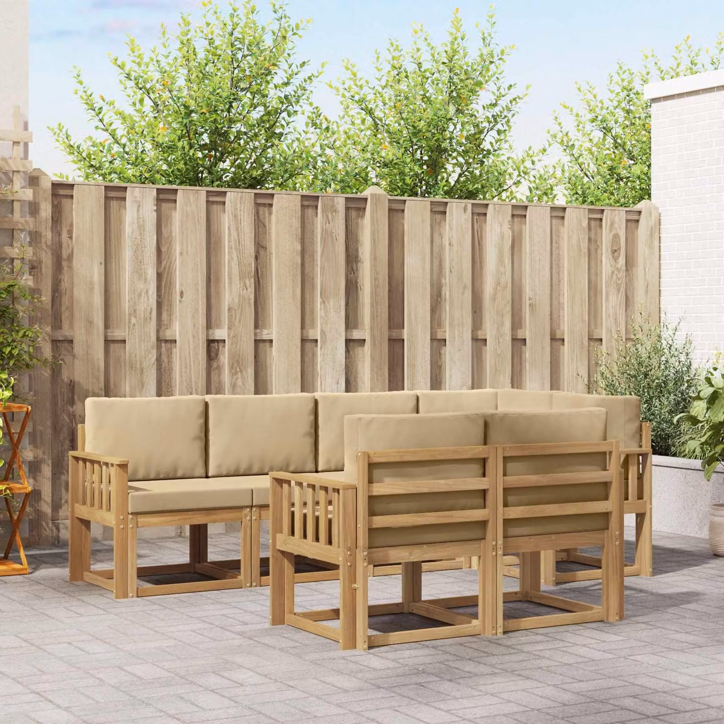 Set di divani da esterno vidaXL a forma di L composto da 7 pezzi in legno di acacia con cuscini in bianco, beige e marrone