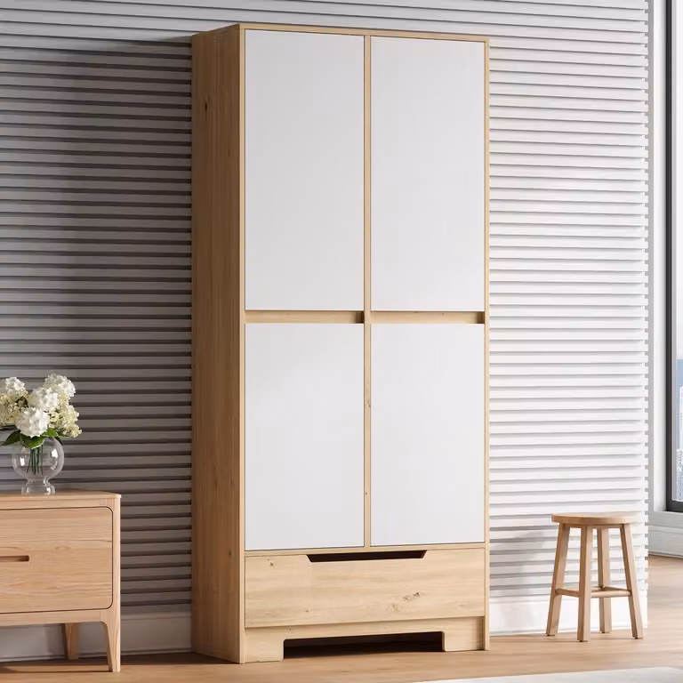 Mobiletto da cucina con ripiani montati a colonna, dispensa con 1 cassetto e ripiani interni, dimensioni 80x35x180 cm, colore bianco e naturale