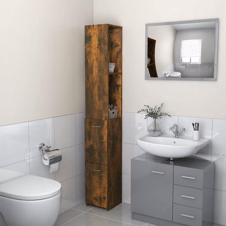 Armadietto da bagno moderno vidaXL in legno Rovere Fumo marrone con ripiani interni, L: 25 cm, P: 26,5 cm, H: 170 cm