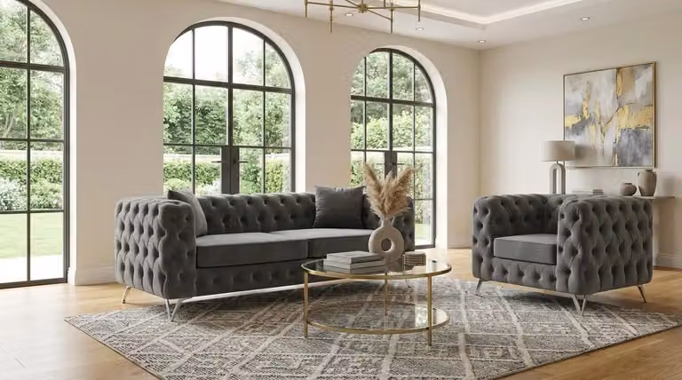 Elegante divano Chesterfield grigio in tessuto, con poltrona esclusiva