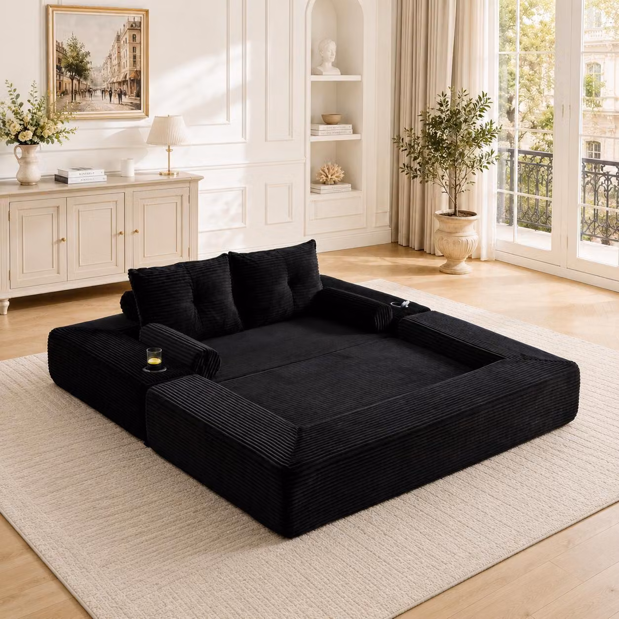 Poltrona relax MODFU con cuscino per lo schienale, tasche laterali e portabevande, divano a 2 posti in velluto a coste, divano modulare con braccioli rimovibili, trasformabile in letto, nero