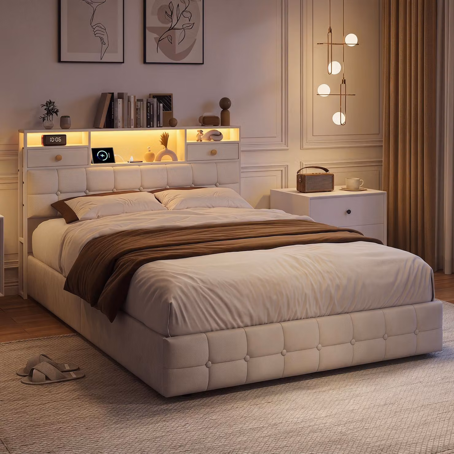 Letto contenitore ProximaX, dimensioni 140x200 cm, bianco, rivestito in velluto, con illuminazione RGB a LED, porta USB-C e cassetti