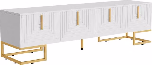 Mobile TV in truciolato bianco con ante strutturate, maniglie e piedi dorati, 170x40x45,5 cm