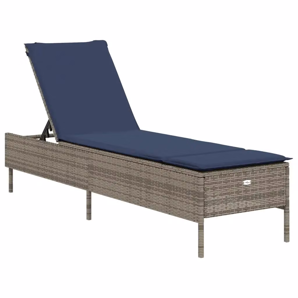 Lettino prendisole vidaXL in rattan con cuscino blu e poggiatesta regolabile e struttura in acciaio grigio – 2