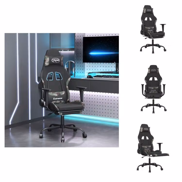 Sedia da gaming vidaXL con massaggio e poggiapiedi, rivestita in tessuto camouflage nero - Sedia da gaming