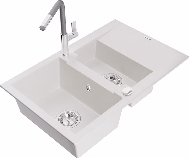 Mexen Gaspar lavello in granito 1,5 vasca con scolapiatti e rubinetto cucina Flora, bianco - 6507-20-670401-06