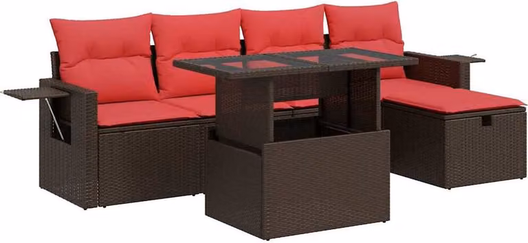Set Divano da Giardino 6 pz con Cuscini Marrone Polyrattan