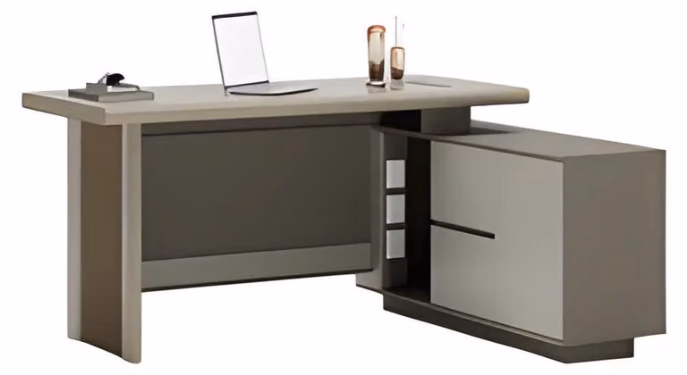 Schreibtisch Grau und Beige mit Schubladen und Ablagefächern Büroorganisation